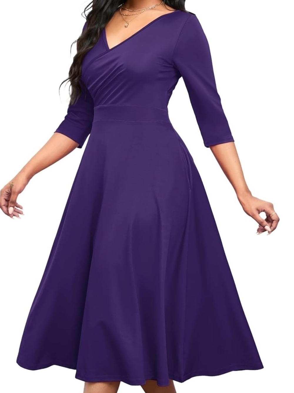 Elegant Purple V-Neck A-Line Dress With Pockets